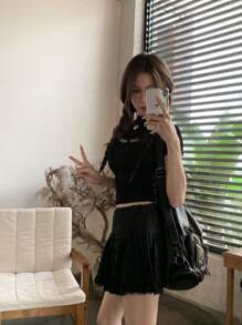 芭蕾舞风格纯色高腰褶皱休闲度假蕾丝女式迷你裙，A字泡泡裙，适合娇小身材，2026夏季款 - 黑色 - 查看 6