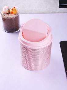 1pc Rhinestone Decorated Trash Can, Swivel Cover Desk Organizer Suitable For Makeup Vanity, Bedroom, Office