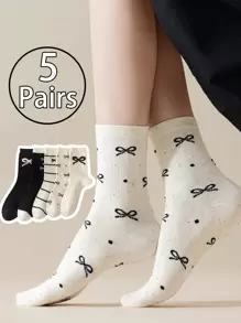 5双装春秋女士袜子圆点纱蝴蝶结袜子时尚中筒袜春夏薄款透气短袜休闲运动袜