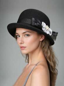 1 buc Pălărie de vară pentru femei, Pălărie casual, Pălărie de soare rotunjită cu boruri ondulate la modă de primăvară/vară, Decor floral, Potrivită pentru uz zilnic în aer liber
