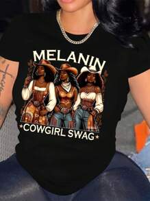 Women's " Cowgirl" Graphic  - Casual Crew Neck, Short Sleeve, , Western Style Print For Spring & Summer Plus Size Women's T-Shirt, Comfortable And Breathable, Made OfPolyester 95% & Spandex 5%, Suitable For All Seasons. - 黑色 - 查看 1