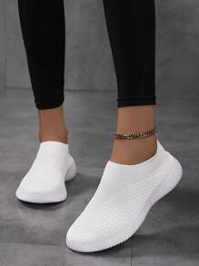 女士一脚蹬轻便舒适白色平底乐福鞋，透气针织休闲鞋 - 白色 - 查看 5