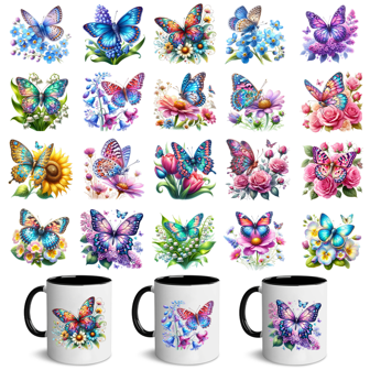 1 Sheet (20 Patterns Customizable) Butterfly & Flower Series UV DTF Stickers - Waterproof PVC Self-Adhesive Decals, Suitable For 16 Oz Libbey Glass Cups, 11 Oz Mugs, Walls, Windows, Bottles, Laptops, Phone Cases, Smooth Surfaces And Other DIY Crafts