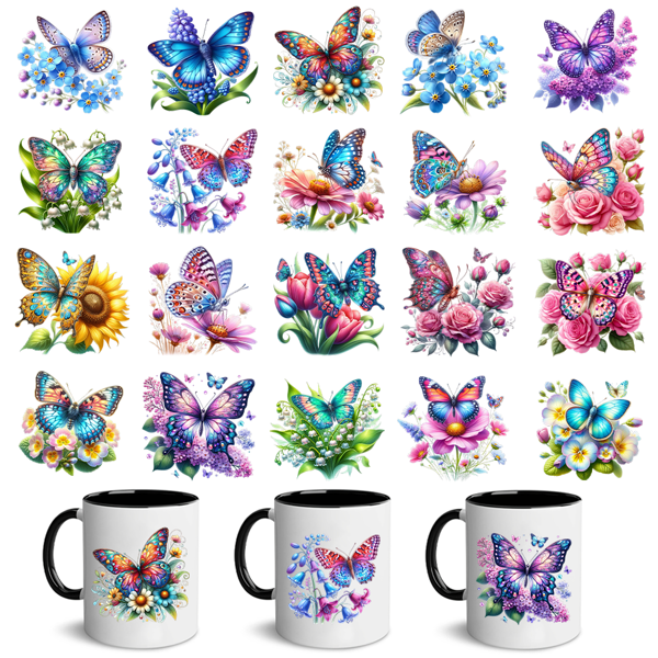 1 Foglio (20 motivi personalizzabili) Adesivi DTF UV a tema Farfalle e Fiori - Decalcomanie impermeabili in PVC autoadesive, adatte per bicchieri Libbey da 16 once, tazze da 11 once, pareti, finestre, bottiglie, laptop, custodie per telefoni, superfici lisce e altri progetti fai-da-te