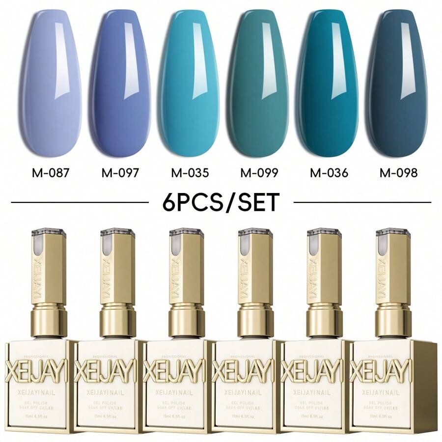 XEJAYI 6色蓝绿色凝胶指甲油套装，UV LED 浸泡式指甲凝胶，半永久性，DIY沙龙级美甲凝胶，适合春夏美甲 - 彩色 - 查看 1