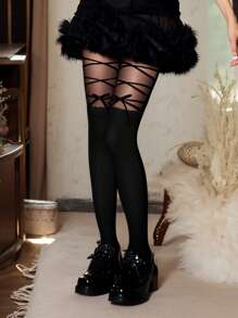 1件蝴蝶装饰洛丽塔超薄性感撞色连裤袜，适合日常穿着 - 适合体重低于132磅的女性