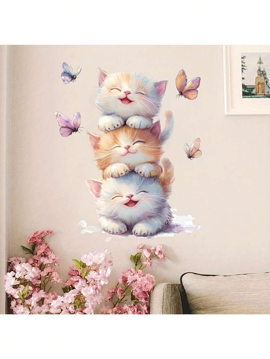 1pc Cute Stacked Cats Style, For Room Wall Background, Mirror & Window Decor, Stickers, Wall Decal, Vinyl Decal For Home Decorations, Decoration Items Refresh Your Home