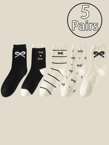 5双装春秋女士袜子圆点纱蝴蝶结袜子时尚中筒袜春夏薄款透气短袜休闲运动袜