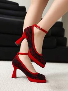 女士封闭式鞋头蕾丝花朵优雅哥特式高跟鞋甜美踝扣厚底高跟鞋