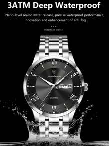 1 pieza Reloj de pulsera de cuarzo de acero inoxidable dorado con estilo de negocios para hombres, con calendario de semana y doble pantalla, resistente al agua 30M, función de manecillas luminosas, reloj casual para hombres con estuche, juego de regalo para hombres