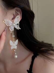1 par de pendientes elegantes con borlas largas, mariposas, perlas falsas y strass en estilo retro para mujeres