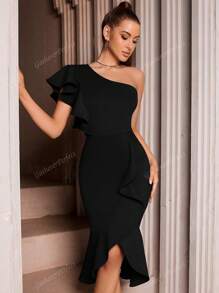 Vestido ceñido con volantes asimétricos elegantes en negro, vestido de fiesta, vestido de invitada de boda, para cóctel