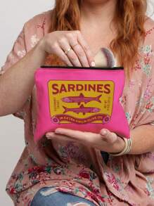 复古沙丁鱼化妆包，男女通用成人涤纶迷你化妆包，防过敏拉链盥洗包，锡鱼印花配件手拿包，女孩女士化妆包，化妆包，旅行盥洗包