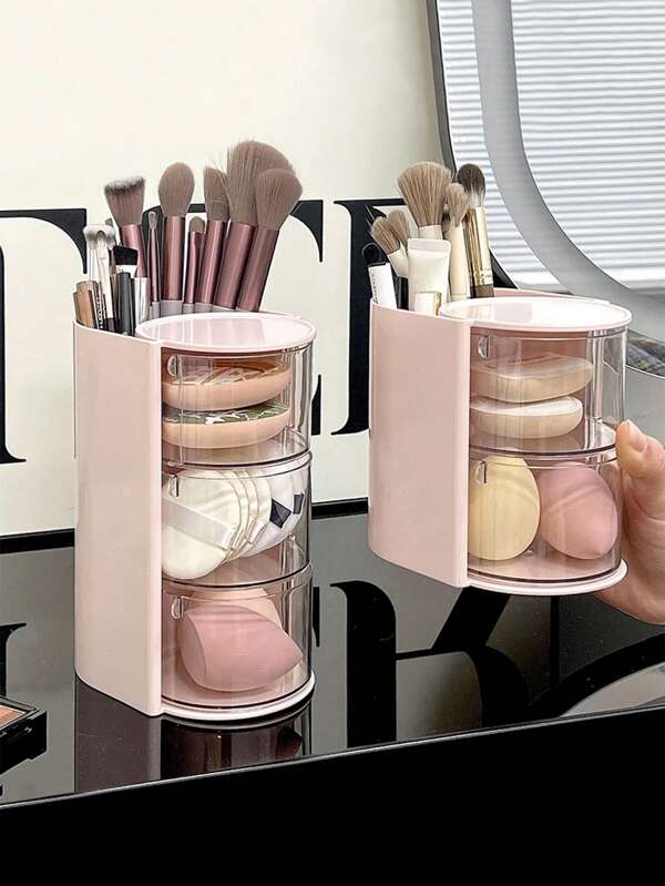 1 pieza Organizador de maquillaje giratorio con cajones, caja de almacenamiento de cosméticos de plástico con divisores, caja de maquillaje compacta de escritorio para viajes que almacena esponjas de maquillaje, brochas de maquillaje, ligas y broches pequeños para vacaciones, playa, baño, dormitorio, de gran capacidad