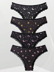 4 Pieces [Star Moon Series] Sexy Gothic Fashion Mid-Waist Women's Panties, Printed With Star, Moon Pattern Comfortable Panties