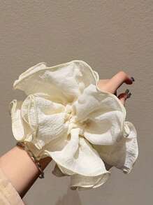 1个奶油色褶皱雪纺发圈，韩式超大双层奶油色纹理马尾发圈，简约发饰，发绳，发圈，头饰 - 米色 - 查看 2