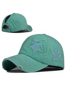 1pc Women Embroidered Five-Pointed Star Washed Ponytail Ripped Baseball Cap, Adjustable Outdoor Sun Hat Suitable For Spring, Autumn, Travel, Beach, Vacation, Also Fits Men, Y2K Style