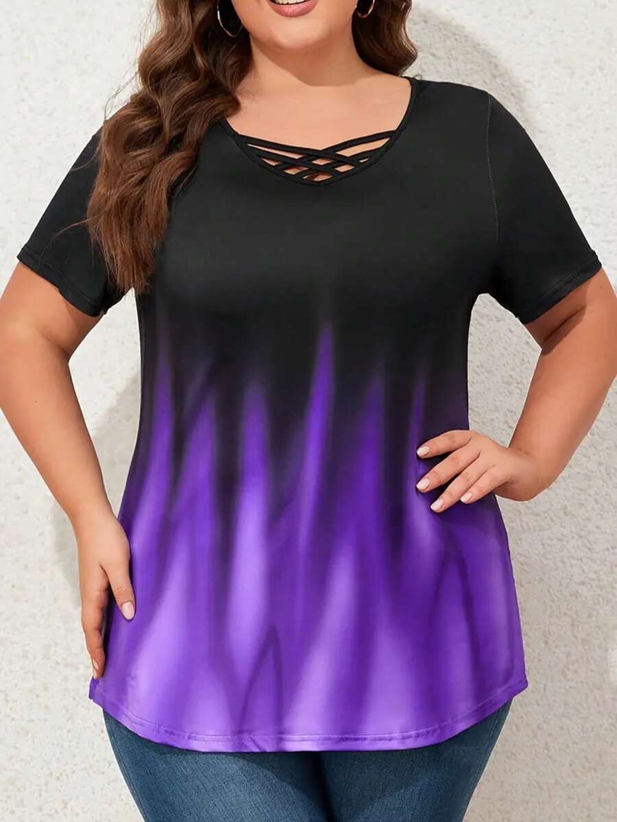 Plus Size Women Ombre Open Shoulder Short Sleeve T-Shirt - Purple - View 1