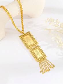 1pc Retro Elegant Double Pendant Heart Tassel Long Necklace For Women, Suitable For Party, Gathering, Gift, Daily Wear - Yellow Gold - View 1