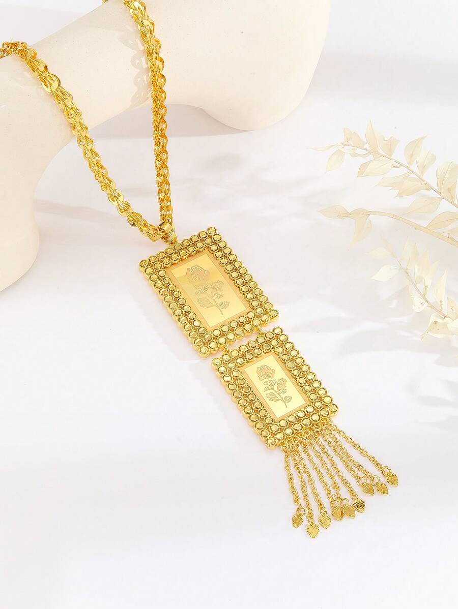 1pc Retro Elegant Double Pendant Heart Tassel Long Necklace For Women, Suitable For Party, Gathering, Gift, Daily Wear - Yellow Gold - View 1