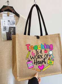 创意教师节字母印花亚麻手提袋套装（半套），包含黄色亚麻抽绳零钱包、黑色方形购物袋，是教师节感谢礼物和女士大容量亚麻手提袋的理想之选，也是沙滩必备单品和夏季女士包袋，适合旅行、度假、假日和海滩使用，是最佳教师节礼物、感谢老师礼物、最佳教师节礼物、永远的最佳教师节礼物、最佳女教师节礼物和教师节礼物。 - 卡其色 - 查看 4