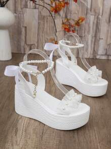 Women's Thick Sole Pearl & Bow Decor Platform Sandals, Waterproof Casual Beach Party Shoes
