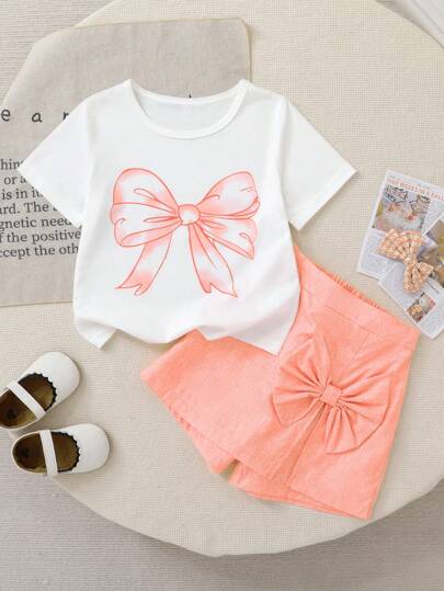2pcs/Set Young Girl Fashion Casual Bow Print White Short Sleeve Top & Pink Skirt Shorts Set, Cute & Sweet, Suitable For Outings & Holidays, Summer