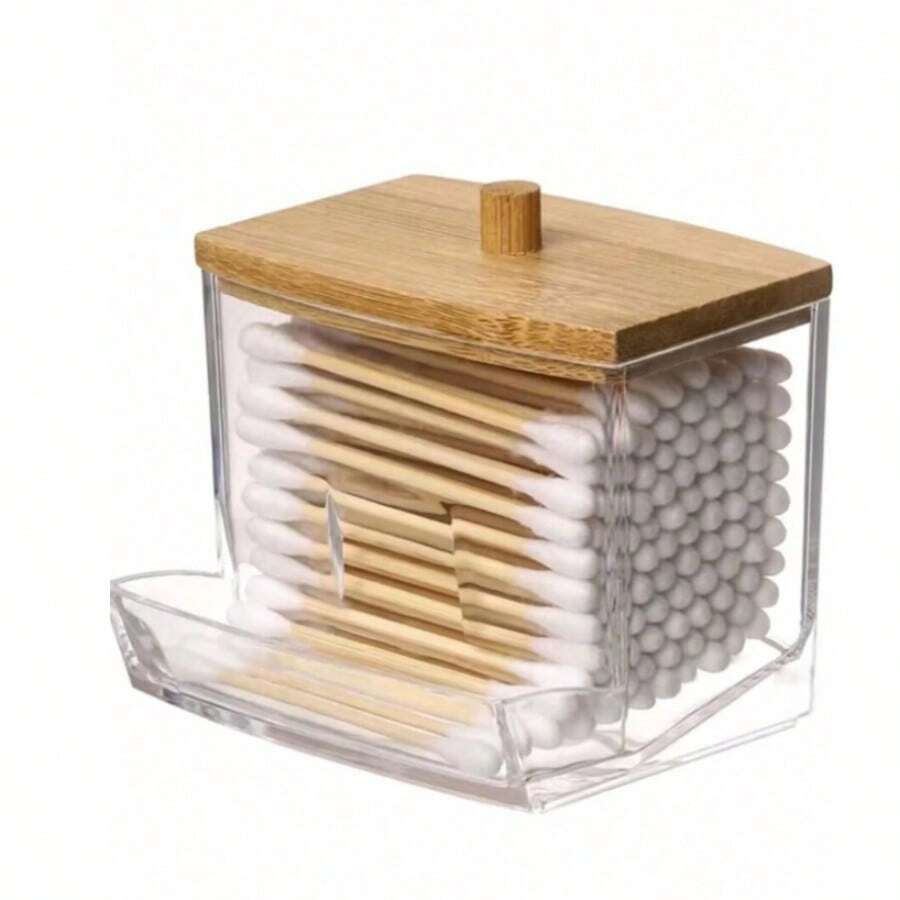 1 pieza Soporte acrílico para hisopos de limpieza con tapa de bambú, dispensador de hisopos de limpieza pequeños y transparentes, organizador de bastoncillos de plástico, recipiente para palillos, organizador decorativo para el mostrador del baño