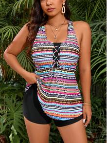 VETACATS Plus Size Women Sports-Style Striped Print Open Shoulder Tankini Top And Shorts Set, Swimsuit - Red - View 6