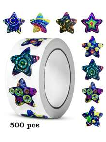 500pcs/Roll Holographic Shiny Star Stickers, Handmade Toy, Reward, Decoration, Student Motivation Adhesive Labels,School Supplies,Back To School - Multicolor - View 1