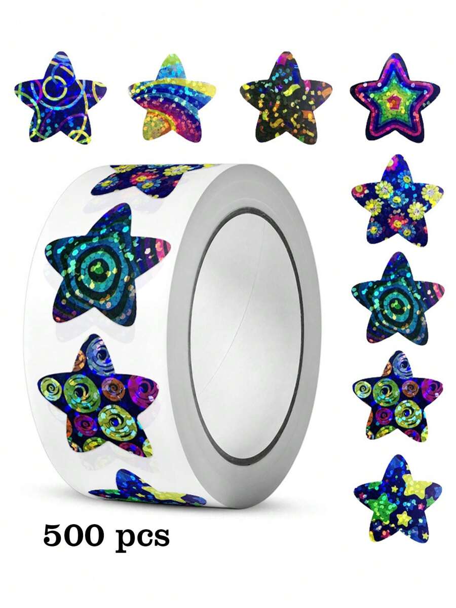 500pcs/Roll Holographic Shiny Star Stickers, Handmade Toy, Reward, Decoration, Student Motivation Adhesive Labels,School Supplies,Back To School - Multicolor - View 1