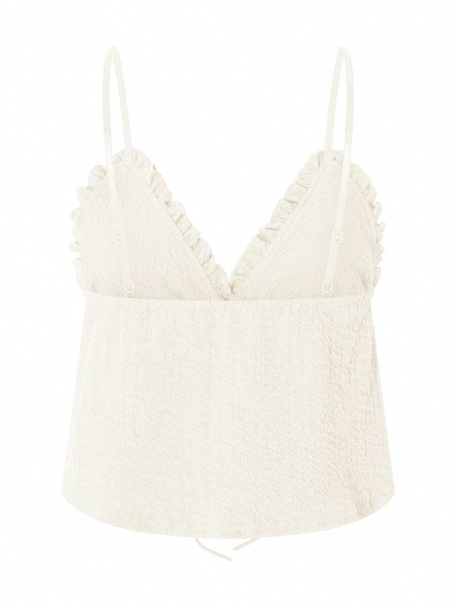 Women Basic Ruched Camisole Solid Color Ruffle V Neck Sleeveless Crop Tops For Streetwear Clubwear Summer Shirt - Beige - View 1