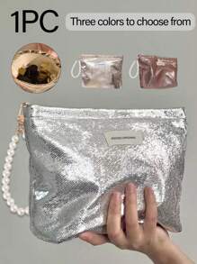 Portable, Fashionable, Shiny Large Capacity Makeup Bag With Pearl Pendant, Travel Cosmetic Organizer Pouch, Toiletry Bag, Suitable For Storing Toiletries, Cosmetics, Makeup Brushes, Accessories, Travel, Home Organization, Travel Essential, Dorm Supplies, Bridal Gift, Mother's Day Gift, Best Friend Gift, Birthday Gift, Souvenir, Home Storage Essential, Can Be Used In Bathroom, Living Room Or Bedroom - Multicolor - View 1