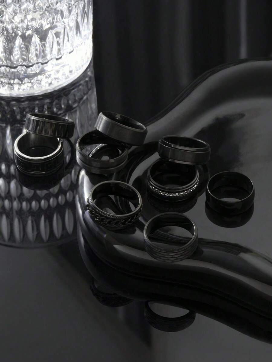 9 Pieces Fashion Patchwork Embossed Men's Ring Set Suitable For Daily Matching Use Holiday Dating Gift Jewelry Casual Jewellery