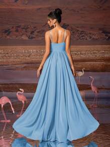 AOSHABABI Shallow Blue Solid Color Draped Chiffon Elegant Women Evening Dress Fall - Blue - View 10