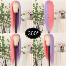 Gorgeous Pink Blonde Hair Synthetic Lace Front Wigs 26 Inch Pre Plucked Long Straight Hair Wigs Glueless Halloween Wigs Heat Resistant Natural Half Pink Half Blonde Straight Lace Front Wigs For Women For Daily Christmas Party Cosplay Use - Hồng Tím - Xem 7