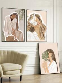 3 件套无框帆布墙面艺术拉伸，美丽女孩抽象海报适用于家庭客厅办公室装饰