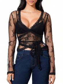 Women's Y2K Lace Crop Tops Deep V Neck Cross Wrap T-Shirts Casual Long Sleeve Basic Blouses For Aesthetic Streetwear - Black - View 4