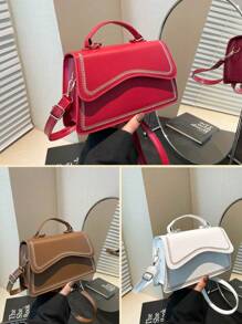 Simple Versatile Solid Color PU Leather Flap Shoulder Bag, Fashionable Outdoor Vacation Travel Crossbody Bag, Simple Daily Commuting Office Small Square Handbags, Elegant Lightweight Shopping Mobile Phone Coin Purse, Women Top Handle Bags - Multicolor - View 2