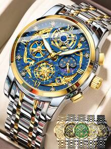 POEDAGAR 1 chiếc đồng hồ thạch anh thời trang nam bằng thép không gỉ chống thấm nước phát sáng, đồng hồ đeo tay thể thao nam có chức năng bấm giờ ngày, đồng hồ nam thường ngày có hộp, phù hợp để đeo hàng ngày, quà tặng nam - Một cỡ - Xem 13