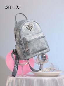 AILUXI 60004: Fashionable Heart Detail Solid Color Print Backpack For Women, Minimalist Design, Commuting & Short Trip Blue Mini Backpack - Blue - View 7