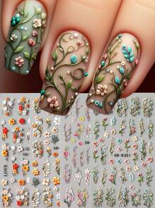 Stickers d'art pour ongles 5D en relief avec bouquet de fleurs de marguerite rose rêveuses, feuille de vigne verte et fleur à cinq pétales épanouissante et rose. Décorations de charms et fournitures pour manucure DIY
