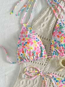 Women's Halterneck Printed Ditsy Floral Two Pieces Bikini Set, Summer Beach - Pink - View 3