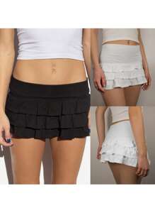 Women's Summer Mini Skirt Solid Color Tiered Ruffle Y2k Gothic Tutu Short Skirt - White - View 3