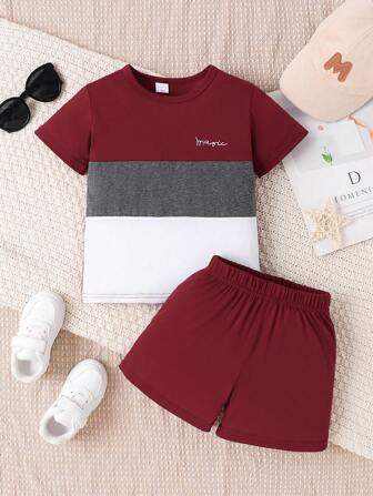 男童两件套夏季撞色拼布圆领短袖T恤和短裤套装，休闲，运动，学生，度假，田径，3-7岁