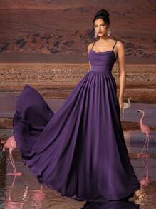 Vestido de noche elegante para mujer de gasa con tirantes finos en color púrpido sólido, adecuado para todas las ocasiones formales, gala, invitado de boda, festival de música, fiesta de vacaciones, baile de graduación, fiesta de cóctel, cita, vacaciones y vestido de dama de honor.