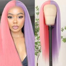 Gorgeous Pink Blonde Hair Synthetic Lace Front Wigs 26 Inch Pre Plucked Long Straight Hair Wigs Glueless Halloween Wigs Heat Resistant Natural Half Pink Half Blonde Straight Lace Front Wigs For Women For Daily Christmas Party Cosplay Use - Hồng Tím - Xem 2