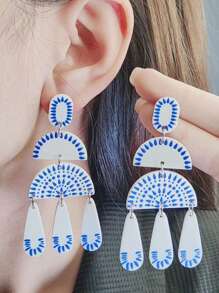 1 对中国风青花瓷流苏几何优雅女士耳环 - 彩色 - 查看 9