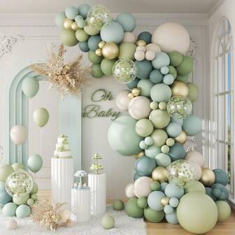 Confetti Dusty Blue Sage Green Metallic Gold Thickening Latex Balloon Garland Arch Kit For Boho Babyshower Woodland Jungle Birthday Wedding Engagement First Party Decorations