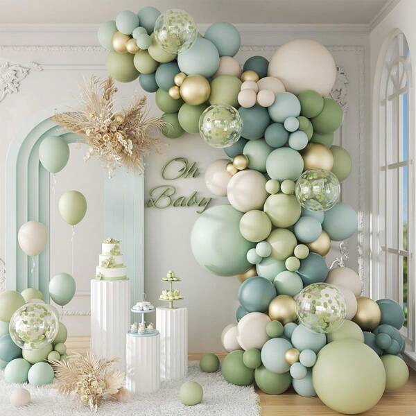 Multicolor Confetti, Dusty Blue, Sage Green, Metallic Gold Thick Latex Balloon Arch Set, Suitable For Boho Baby Shower, Jungle Forest Theme Birthday Party, Wedding, Engagement, 1st Birthday Party Decoration